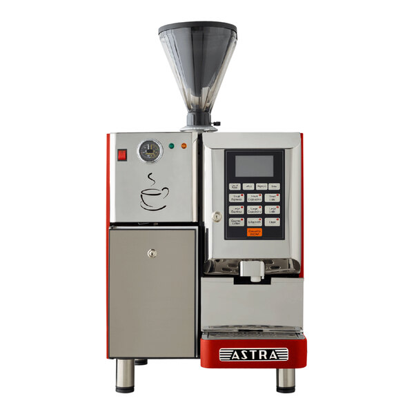 An Astra Super Mega red automatic coffee machine with a screen and a door.
