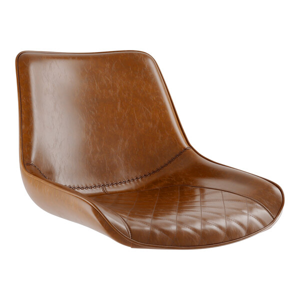 A Lancaster Table & Seating Mid-Century Cognac vinyl tufted barstool cushion on a brown leather barstool.