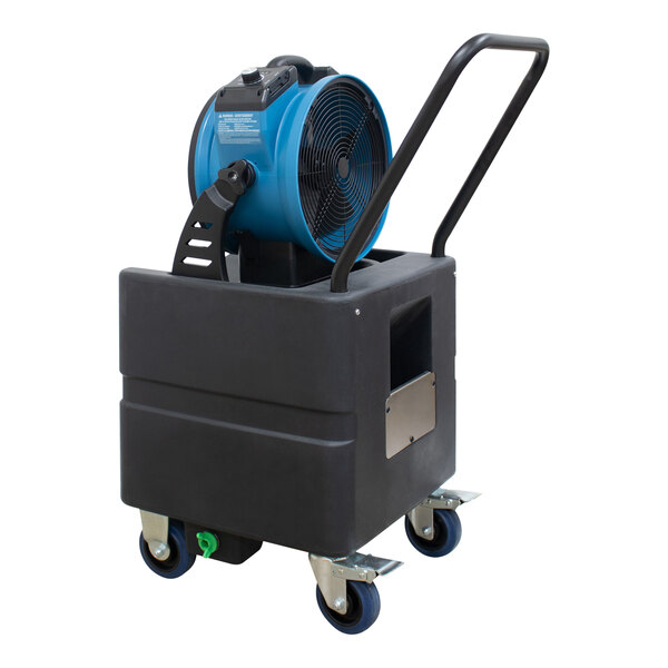 A blue and black XPOWER portable air circulator with a water pump on wheels.