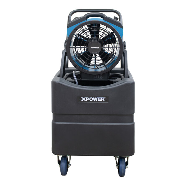 An XPOWER portable black and blue air circulator fan with a water pump and large reservoir tank on a black cart.