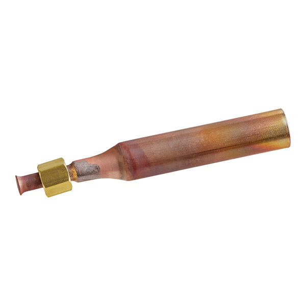 A close-up of an Estella Caffe metal pressure release drain tube with a brass nozzle.