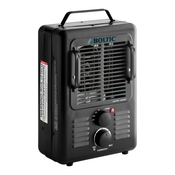 A black Boltic portable electric milkhouse heater with a handle and control knobs on the front.