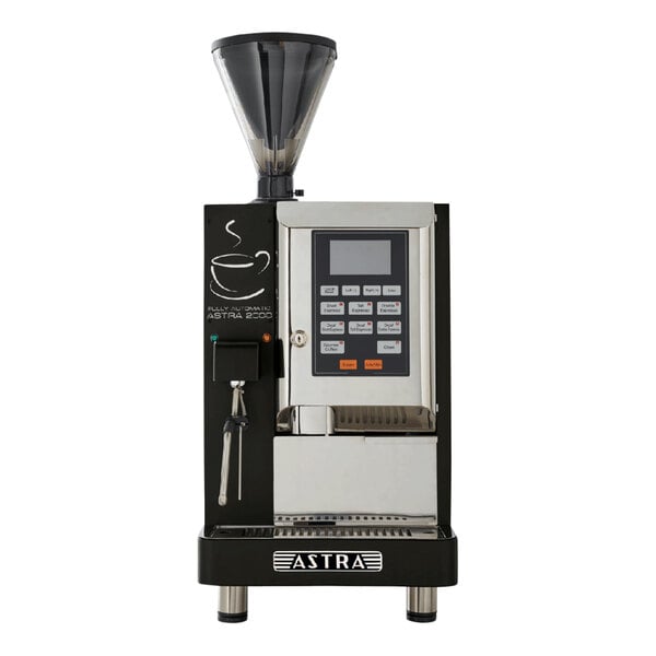 An Astra A2000 bean to cup coffee machine in black and silver with a cup on it and buttons.