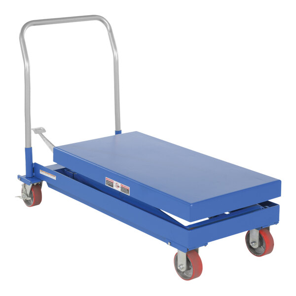 A blue steel Vestil hydraulic cart with red wheels.