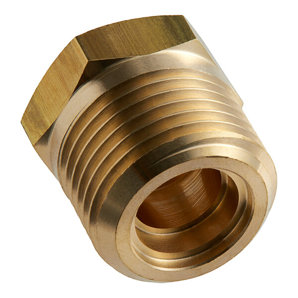 A close-up of a brass Estella Caffe connector nut with threads on one end.