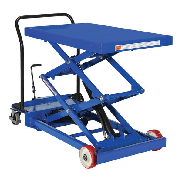 A blue Vestil lift cart with wheels.