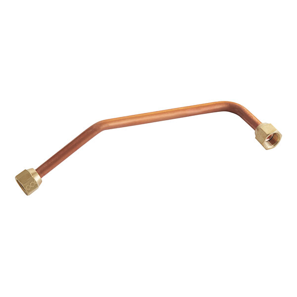 A copper pipe with a nut on the end and a long brown handle.