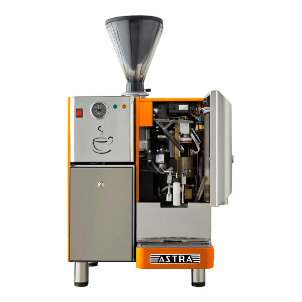 An orange and white Astra Super Mega I automatic coffee machine with a coffee grinder.