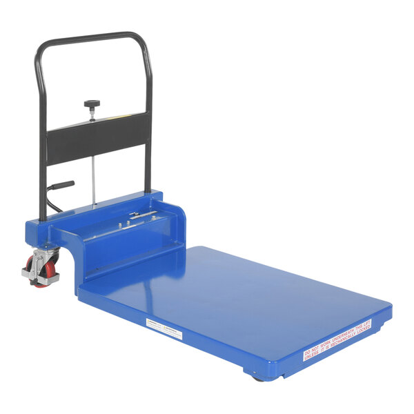 A blue Vestil hydraulic lift cart with a black handle.