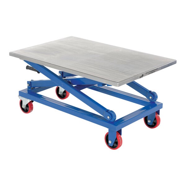 A blue and silver Vestil manual scissor lift cart with wheels.