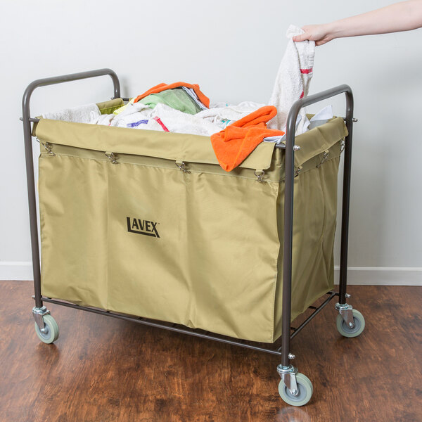 A Lavex canvas bag in a laundry cart.