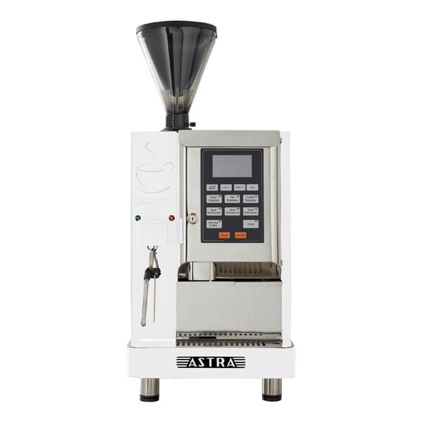 A white Astra A2000 super automatic espresso machine with black accents and buttons.