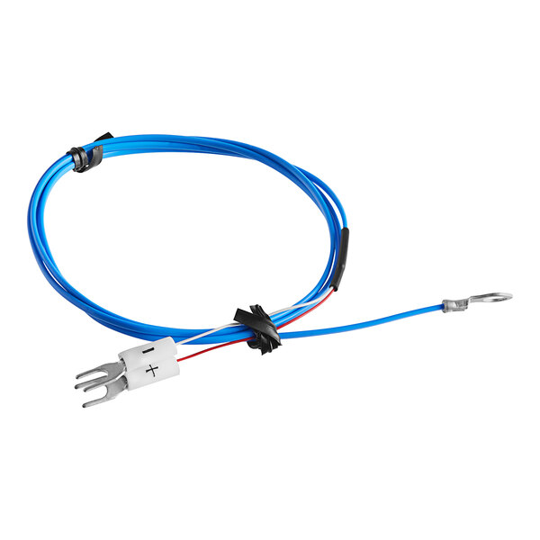 A blue wire with white connectors on a white cable.