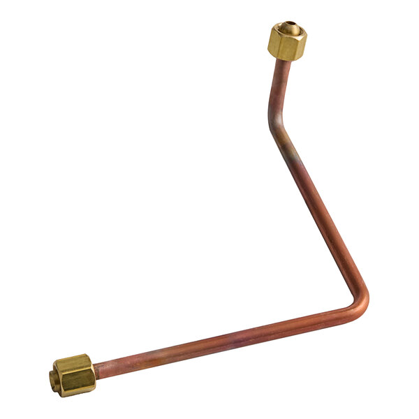 A copper pipe with a hexagon shaped nut on the end.