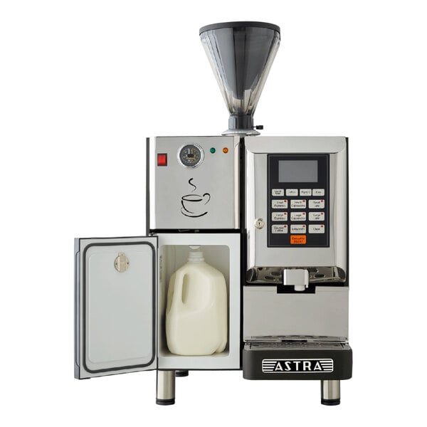 An Astra Super Mega I automatic coffee machine with a jug of milk.