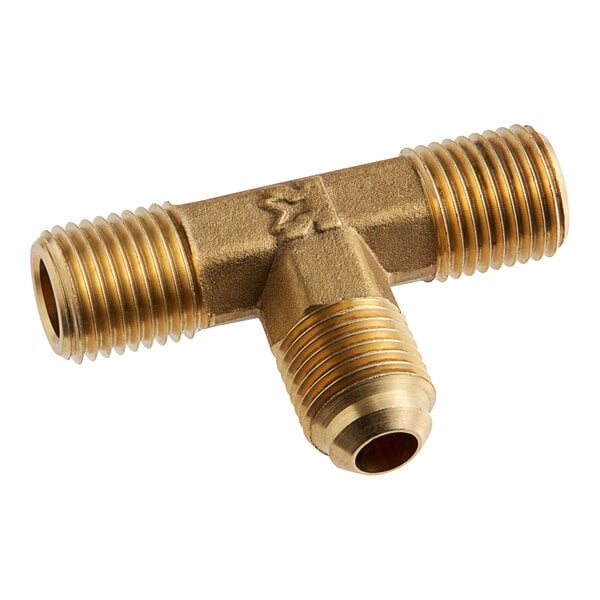 A close-up of a gold Estella Caffe brass connector tee with threaded holes.