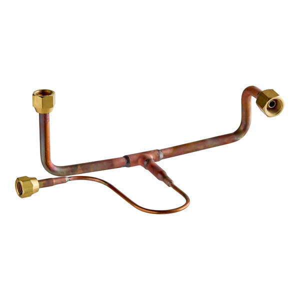 A close-up of a copper Estella Caffe pressure gauge tube with brass fittings.