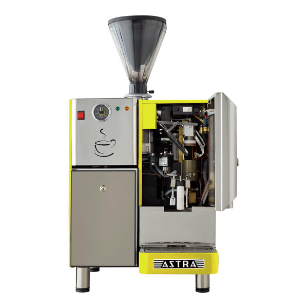 A yellow and silver Astra Super Mega I automatic coffee machine.
