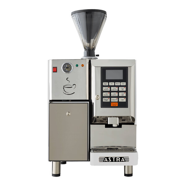 A white Astra Super Mega I automatic coffee machine with a screen and a filter.
