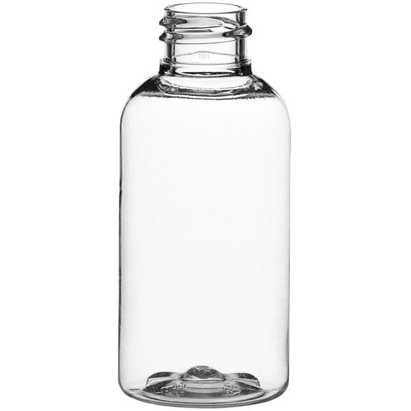 A close-up of a clear 2 oz. PET Boston round bottle with a lid.