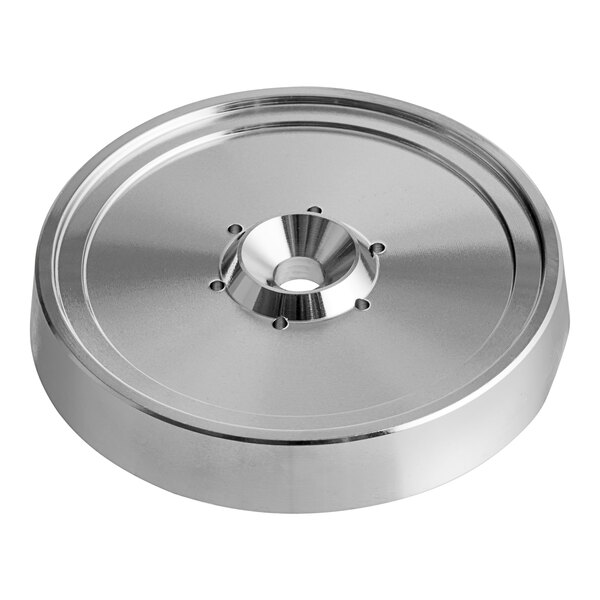 A round silver water spout support with a hole.
