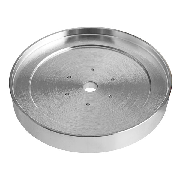 A round stainless steel water spout support unit with holes in it.