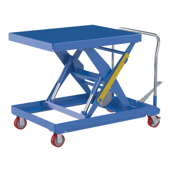 A blue steel hydraulic elevating cart with red wheels.