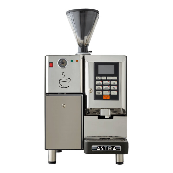 An Astra Super Mega automatic coffee machine in gloss black with a screen and a filter.