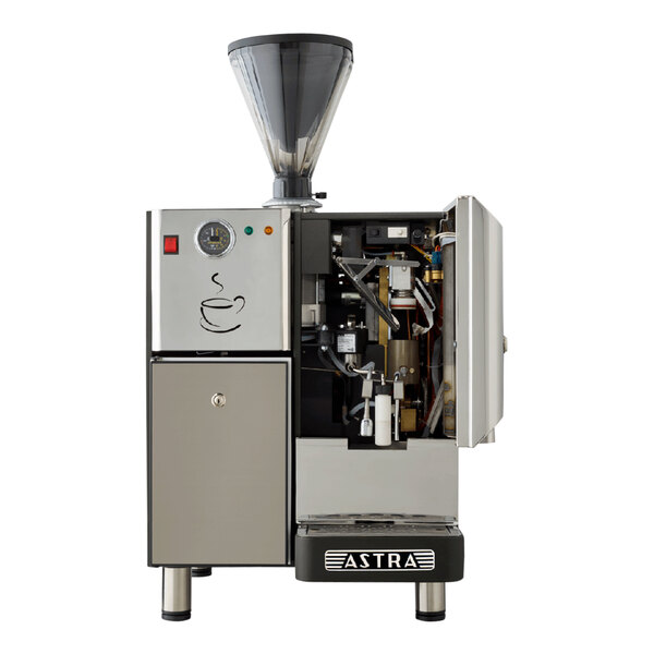 An Astra SM-222 Super Mega automatic coffee machine with the lid open.