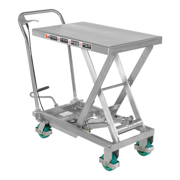 A Vestil stainless steel scissor lift cart with green wheels.