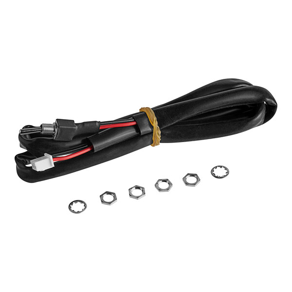 A black cable with two wires and nuts, one white and one red.