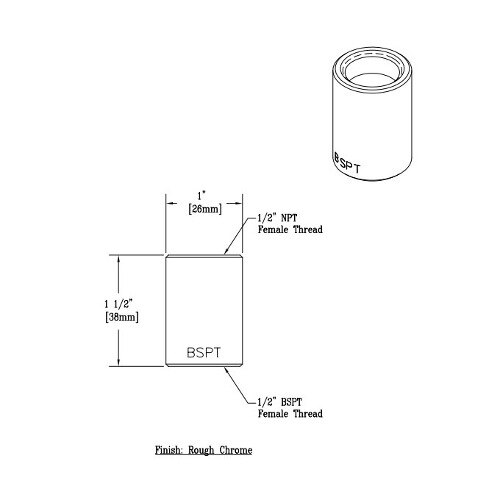 A drawing of a T&S adapter with 1/2" NPT and 1/2" BSPT female connections.