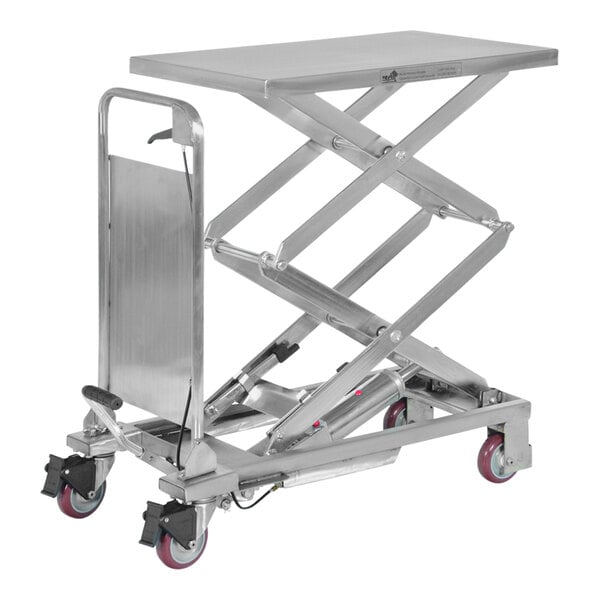 A silver metal Vestil scissor lift cart with wheels.