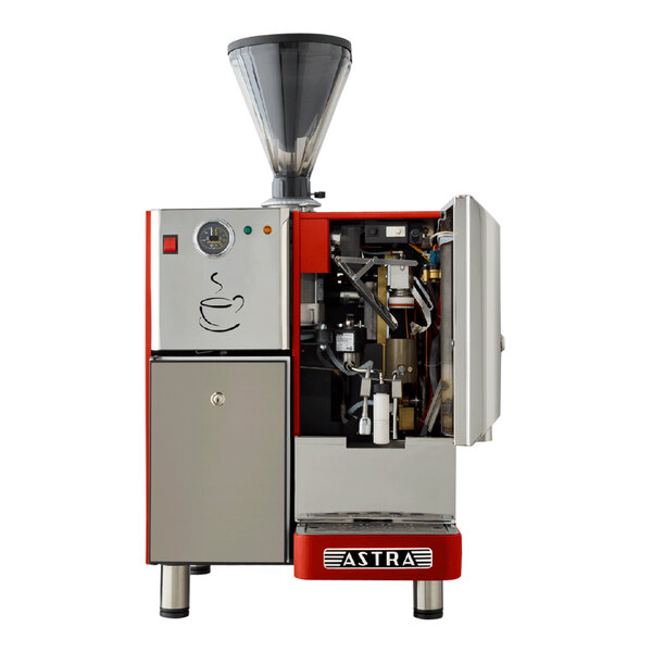 An Astra SM111 Super Mega I automatic coffee machine in red and white with the lid open.