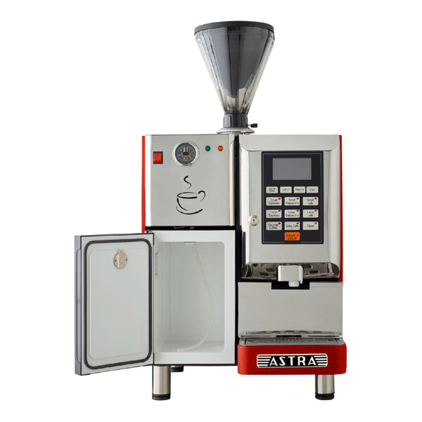 A red Astra Super Mega I automatic coffee machine with a cup drawing on the screen.