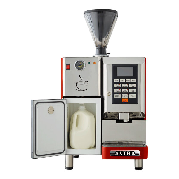 An Astra Super Mega I automatic coffee machine with a jug of milk inside.