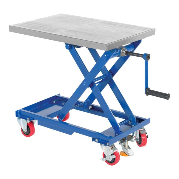 A blue and silver Vestil manual scissor lift cart with wheels on it.