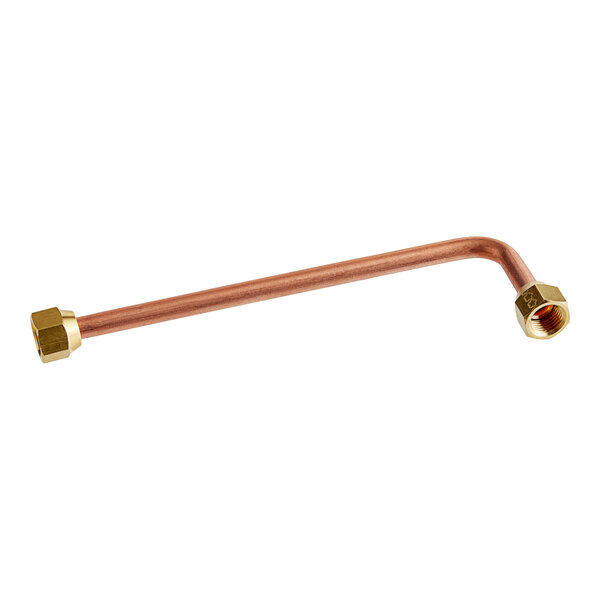 A copper pipe with a brass nut on a white background.