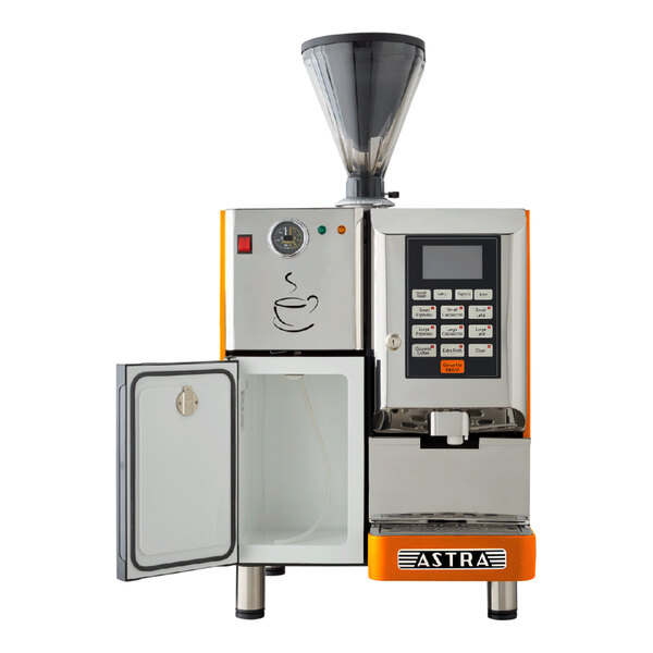 An Astra Super Mega I automatic coffee machine in orange and white with door open.