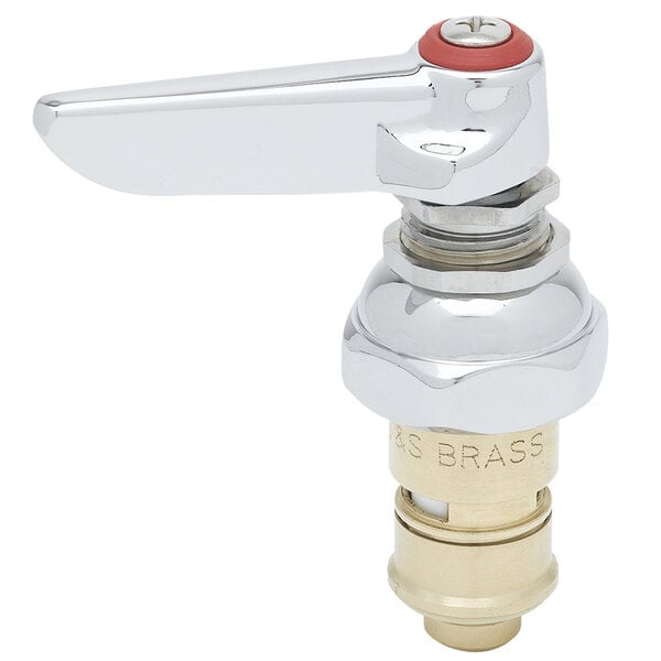 The hot right to close T&S Cerama Cartridge with check valve and escutcheon for a faucet handle with a brass fitting and red accents.