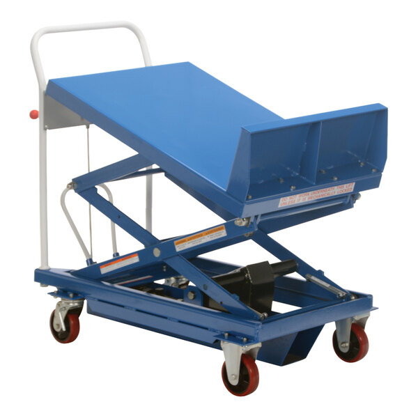 A blue Vestil hydraulic lift and tilt cart with red wheels.