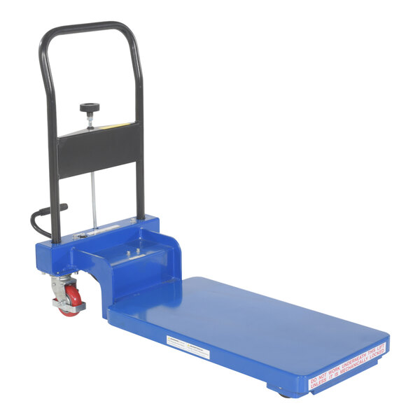 A blue Vestil low-profile hydraulic lift cart with a black handle.