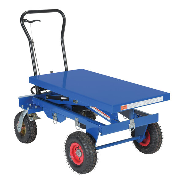 A blue Vestil hydraulic cart with black wheels.