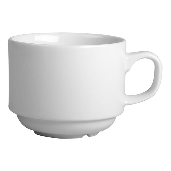 A close-up of a HydroZero Ivory porcelain espresso cup with a white handle.