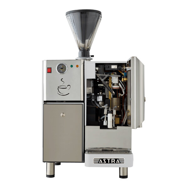 An Astra Super Mega automatic coffee machine in white with black accents, with the lid open.