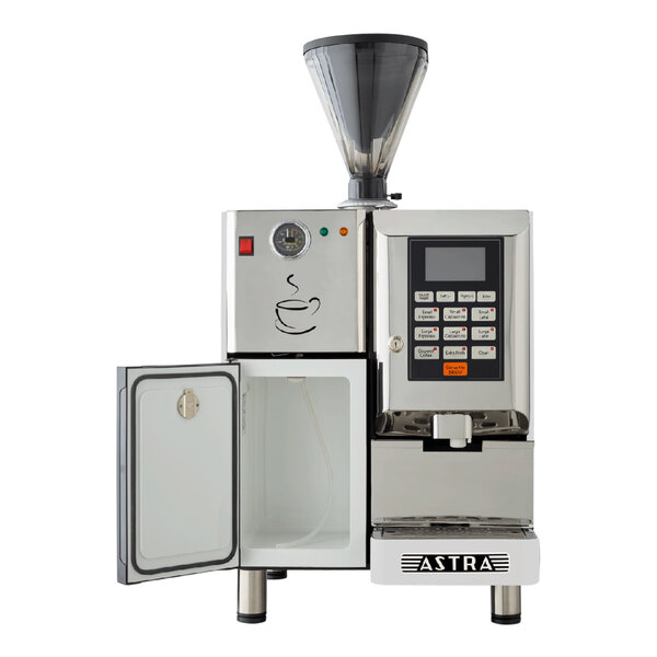 A white Astra Super Mega automatic coffee machine with a small door open.