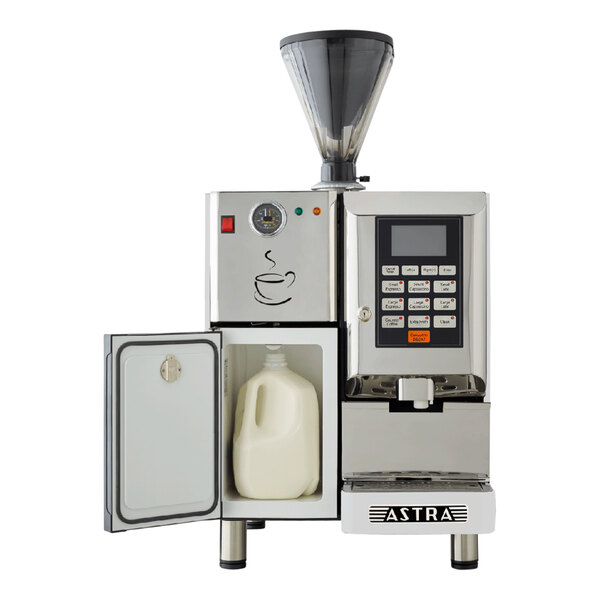 A white Astra Super Mega automatic coffee machine with a jug of milk inside.