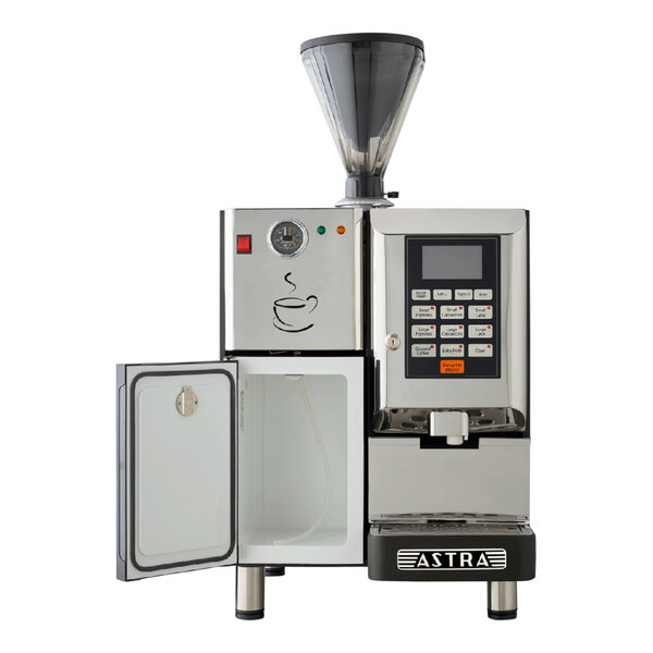 An Astra Super Mega I bean to cup coffee machine with a door open and a coffee pot inside.