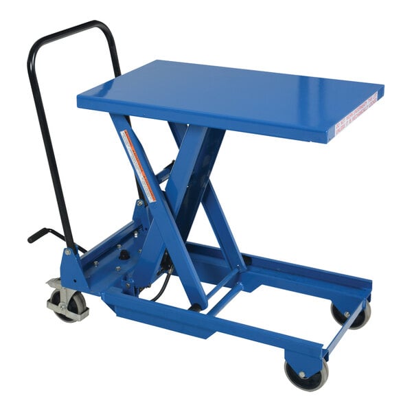 A blue Vestil hydraulic double-scissor lift cart with wheels and a handle.