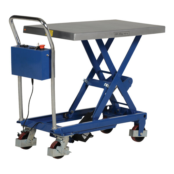 A blue and silver Vestil linear elevating cart.